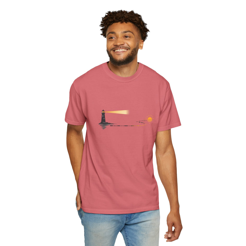 Lighthouse Sunset T-Shirt — Nautical Coastal Tee with Beacon Graphic