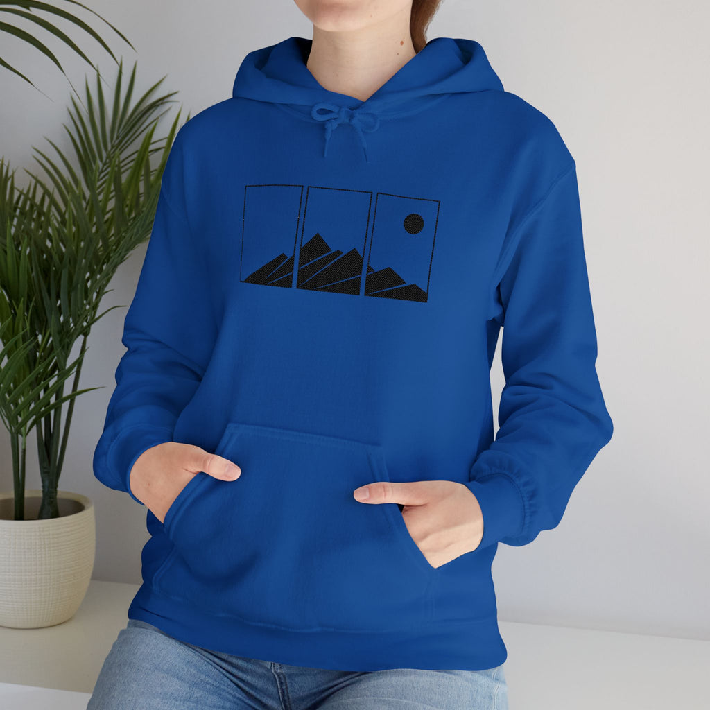 Mountain Triptych Hoodie — Minimalist Scenic Graphic Pullover Embroidered