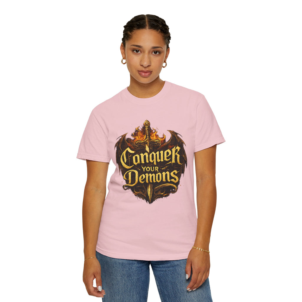 Conquer Your Demons T-Shirt — Gothic Sword & Flames Motivational Tee