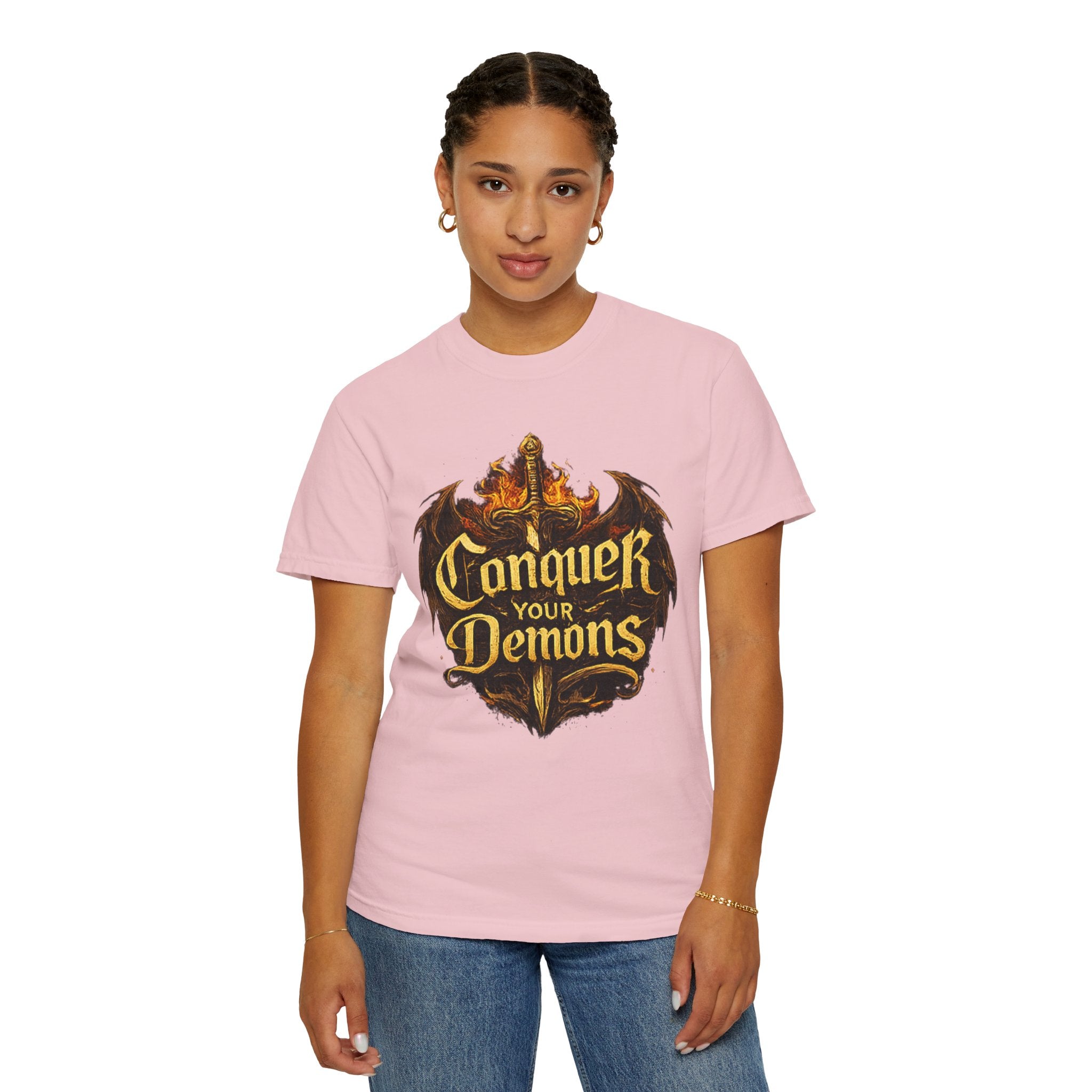 Conquer Your Demons T-Shirt — Gothic Sword & Flames Motivational Tee