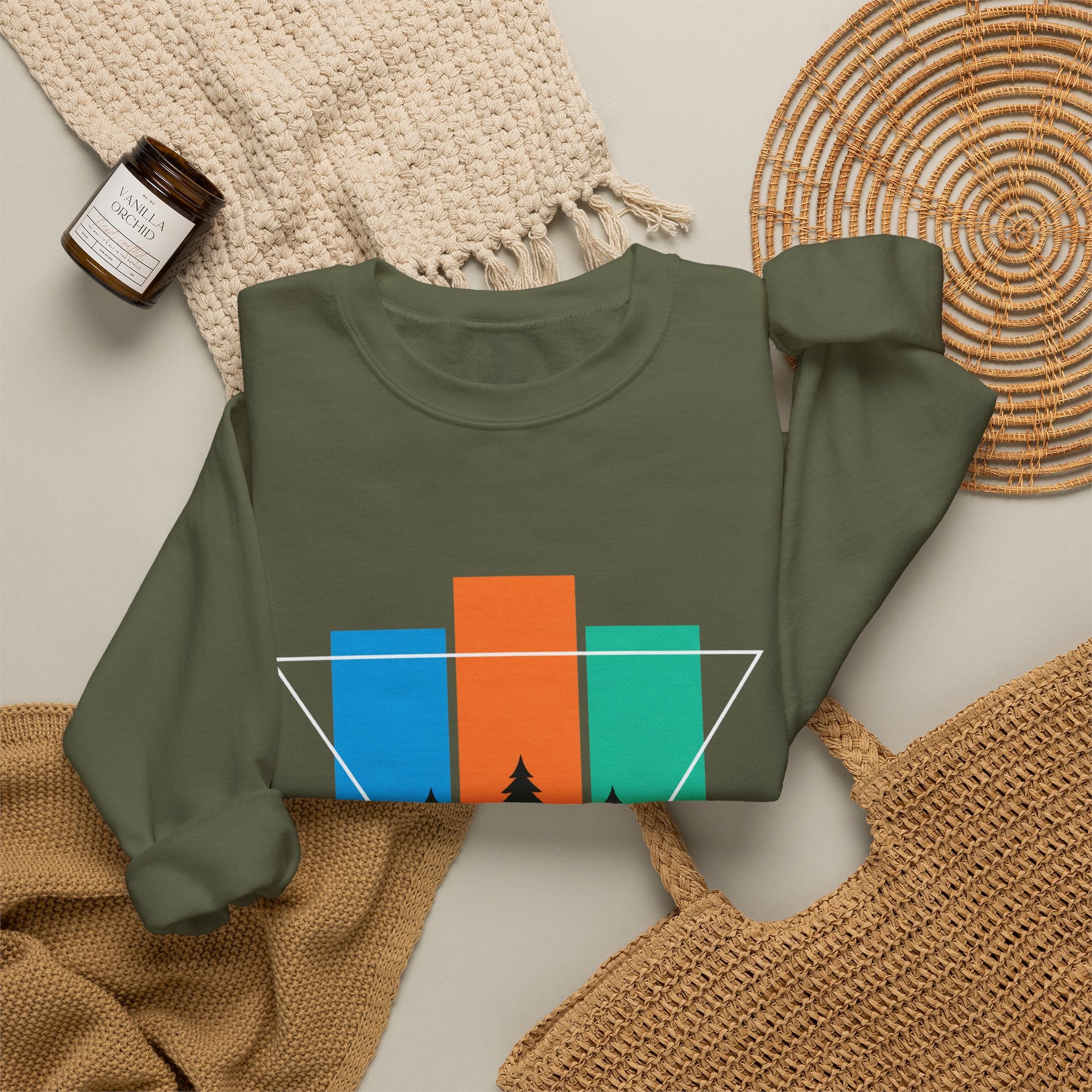 Retro Forest Crewneck Sweatshirt — Colorblock Trees Graphic