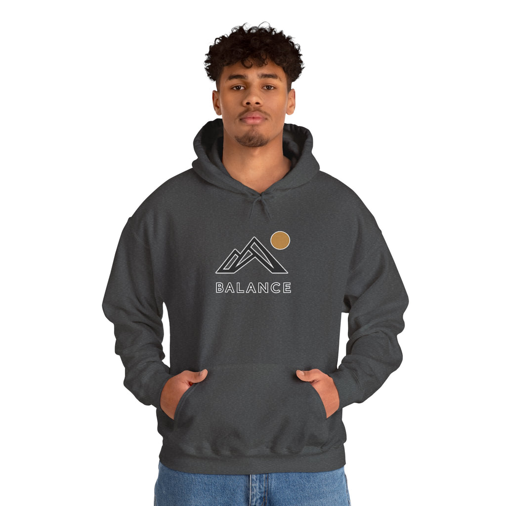 Balance Mountain Hoodie — Minimalist Sunrise Graphic Hooded Sweatshirt