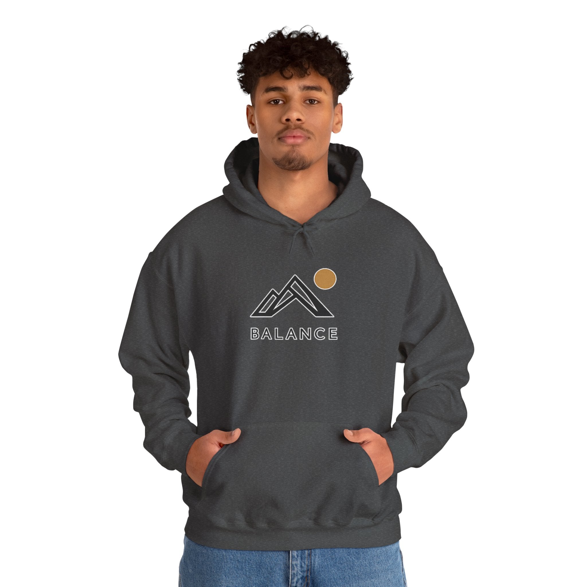 Balance Mountain Hoodie — Minimalist Sunrise Graphic Hooded Sweatshirt