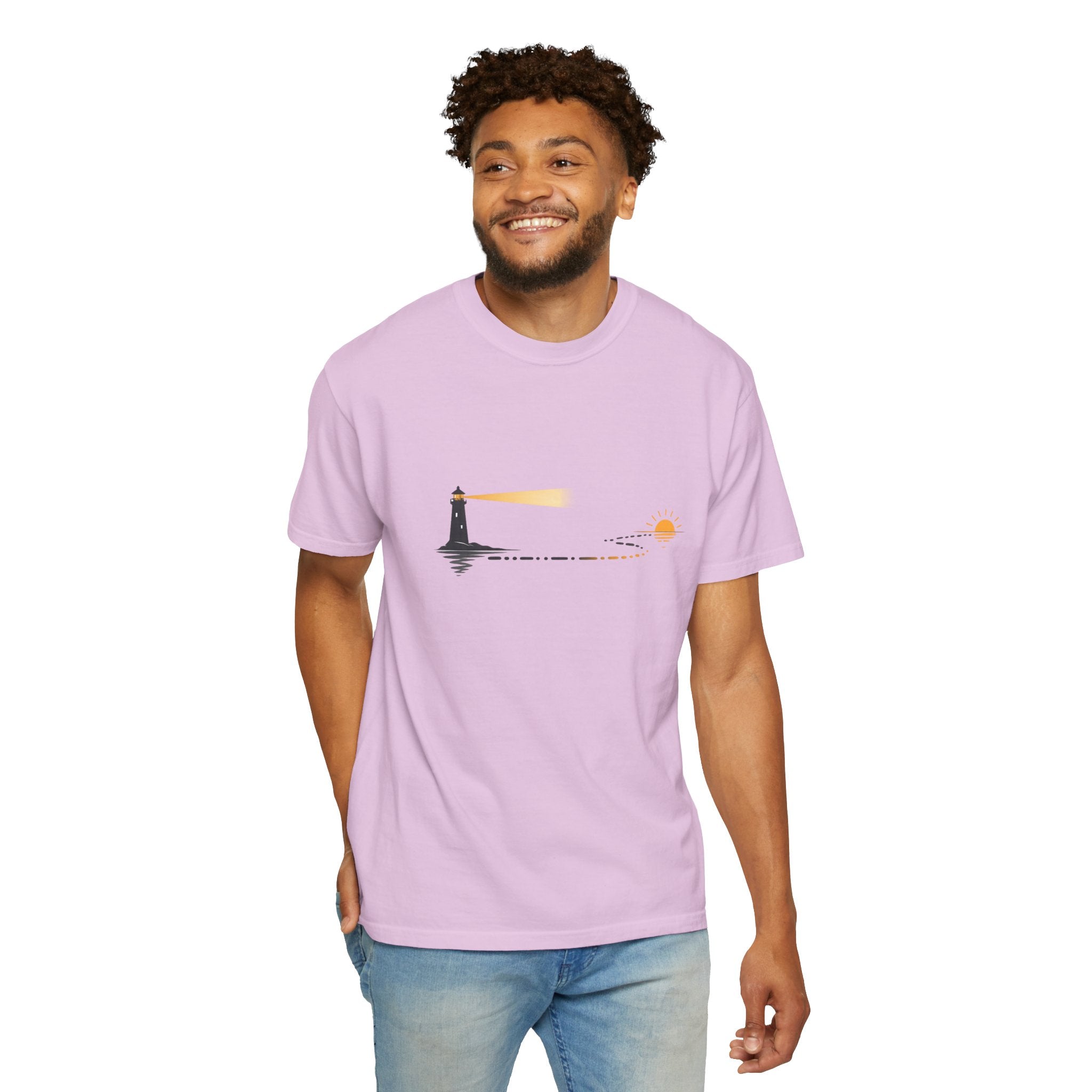 Lighthouse Sunset T-Shirt — Nautical Coastal Tee with Beacon Graphic