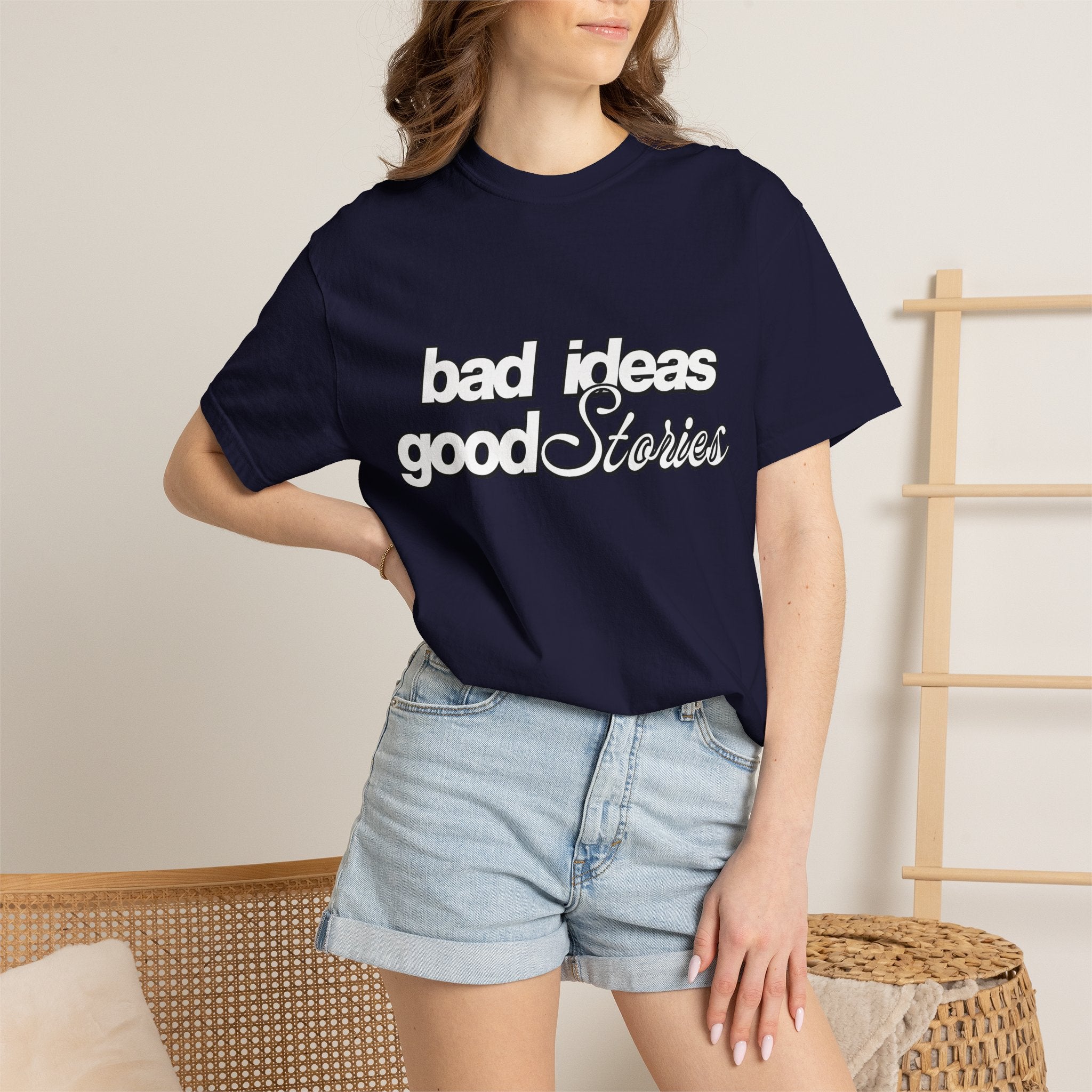 T-Shirt — “bad ideas good stories” Retro Script Tee