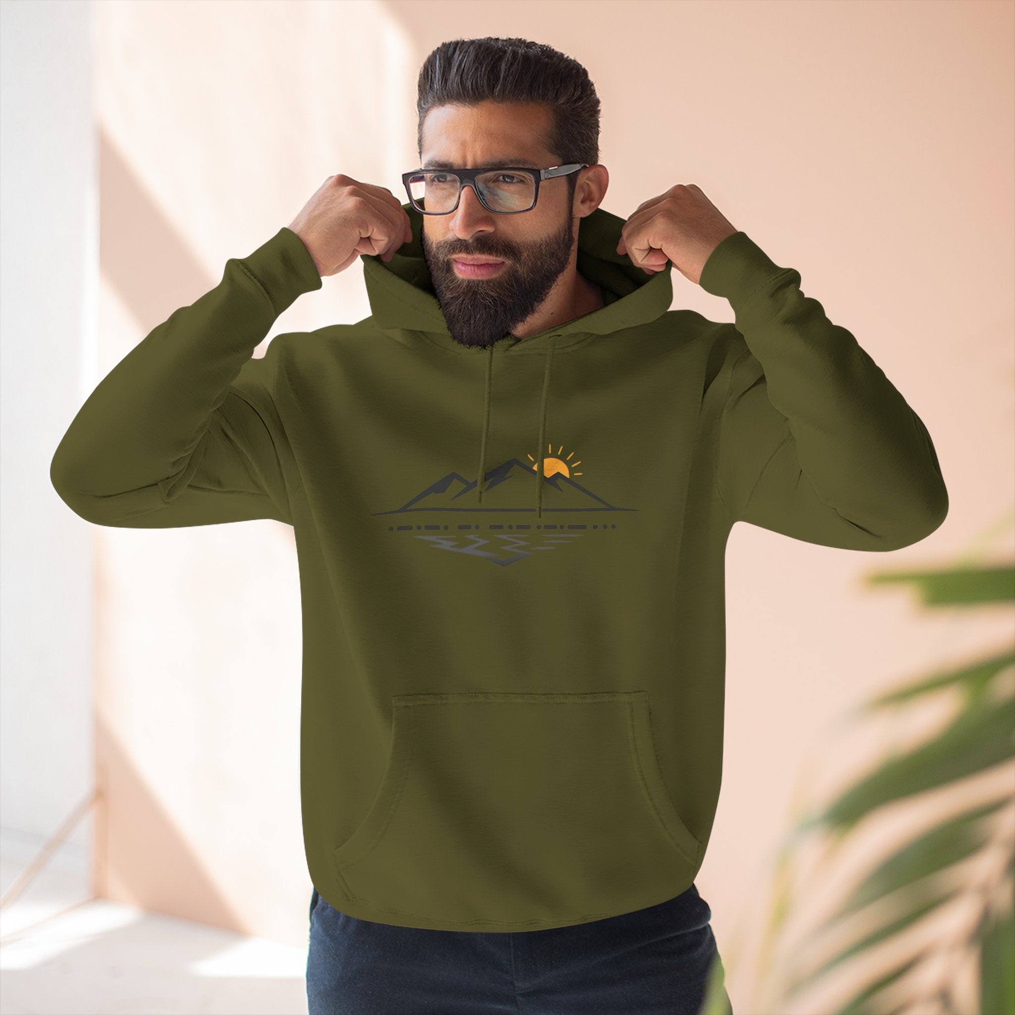 Mountain Sunrise Hoodie — Minimal Outdoor Graphic Pullover