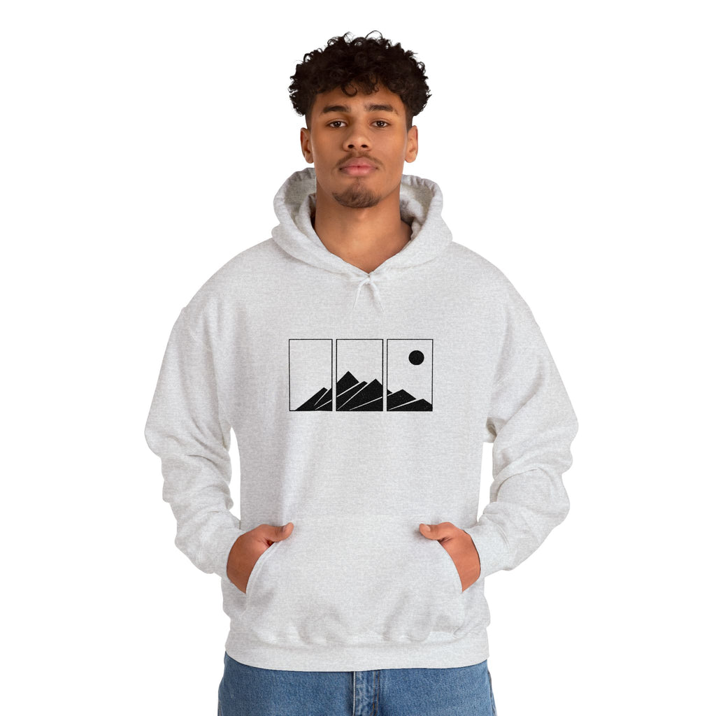 Mountain Triptych Hoodie — Minimalist Scenic Graphic Pullover Embroidered