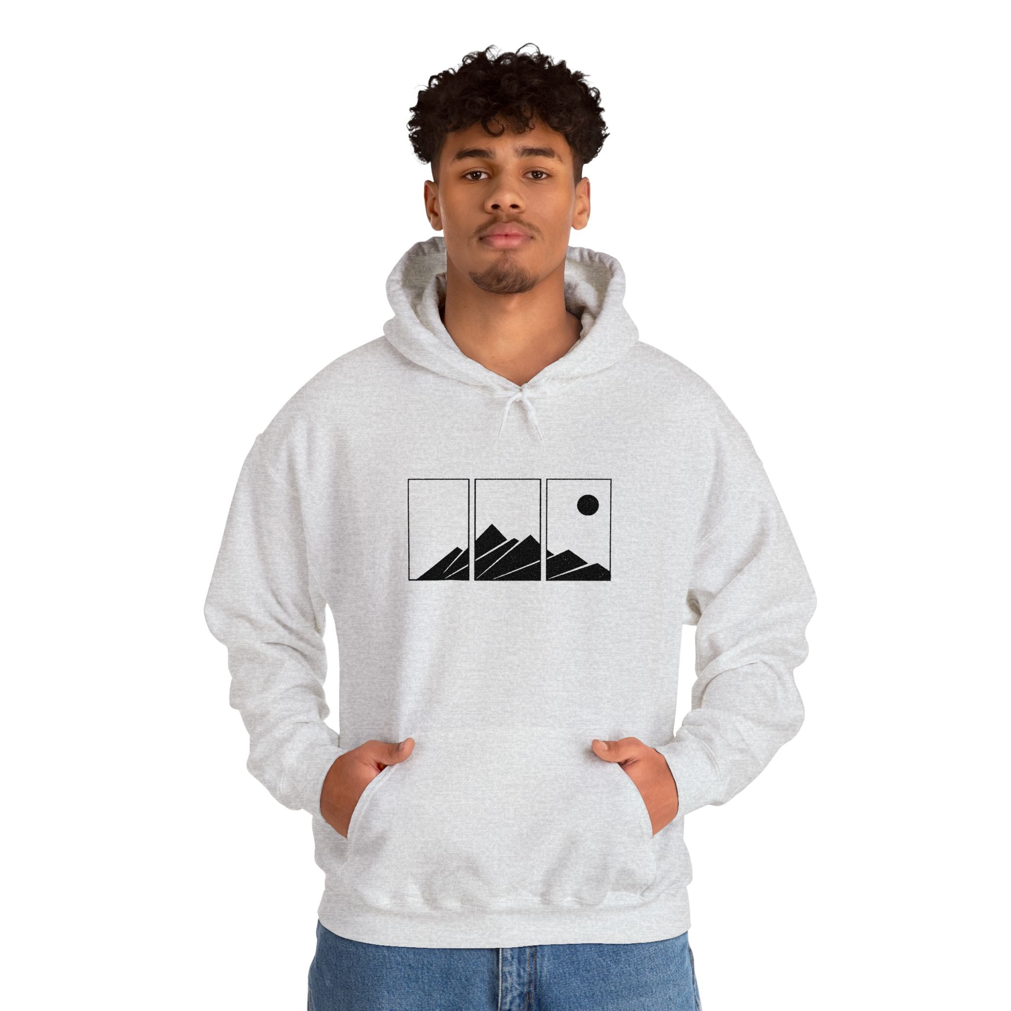 Mountain Triptych Hoodie — Minimalist Scenic Graphic Pullover Embroidered