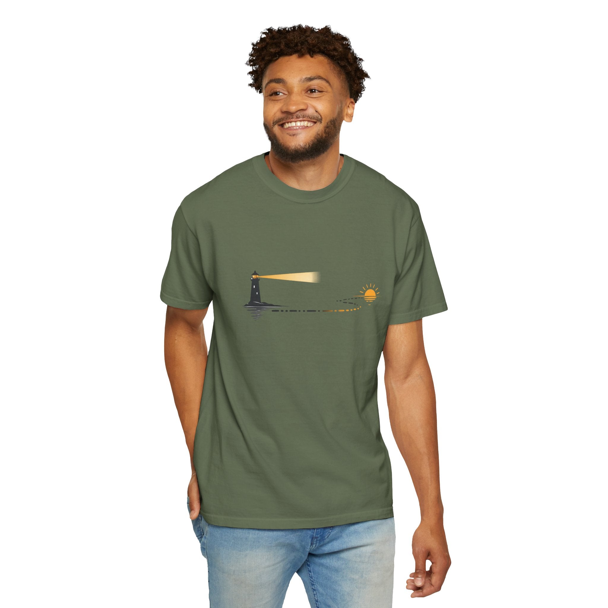 Lighthouse Sunset T-Shirt — Nautical Coastal Tee with Beacon Graphic