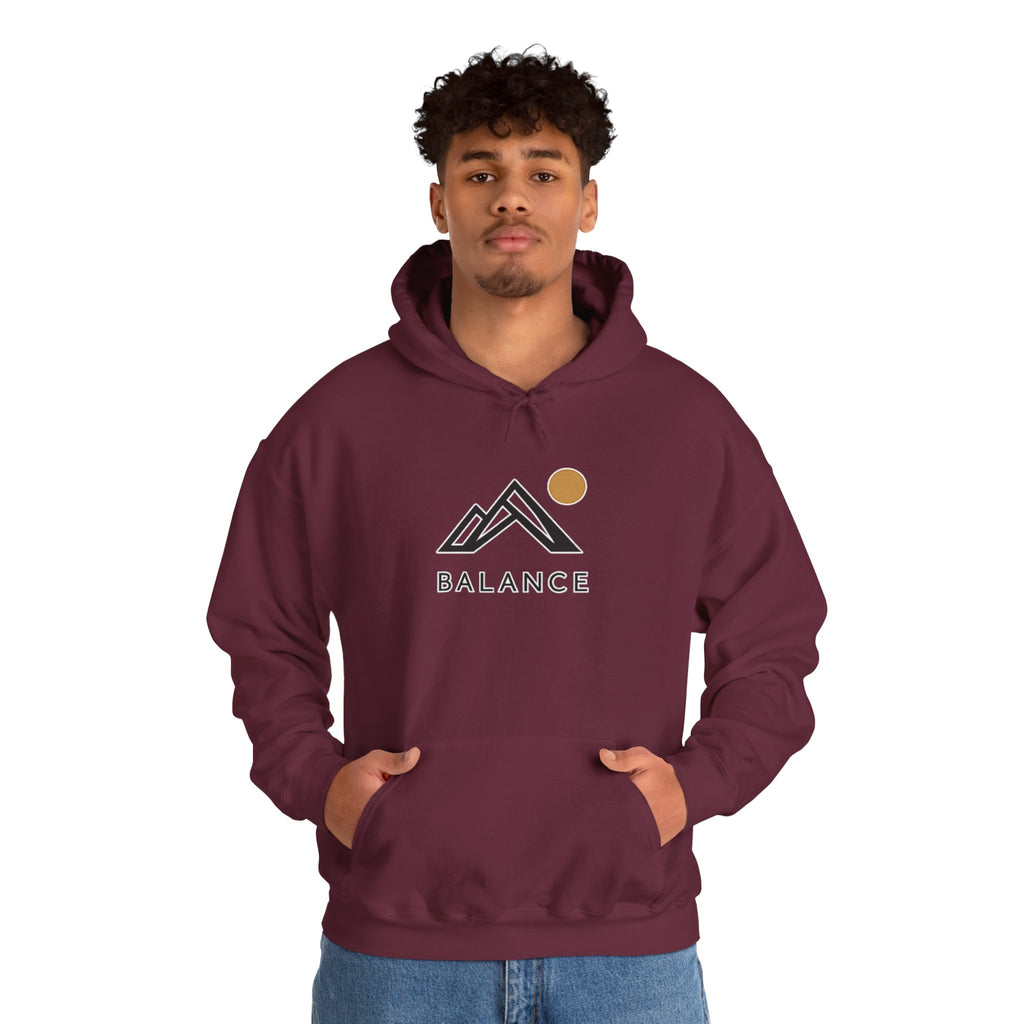 Balance Mountain Hoodie — Minimalist Sunrise Graphic Hooded Sweatshirt