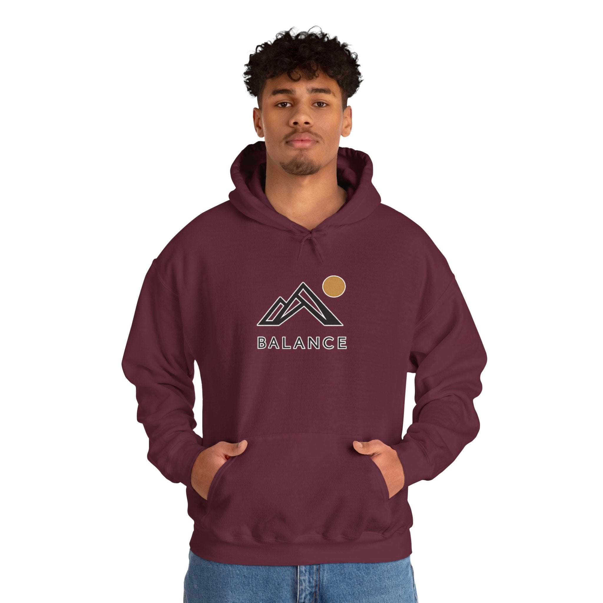 Balance Mountain Hoodie — Minimalist Sunrise Graphic Hooded Sweatshirt