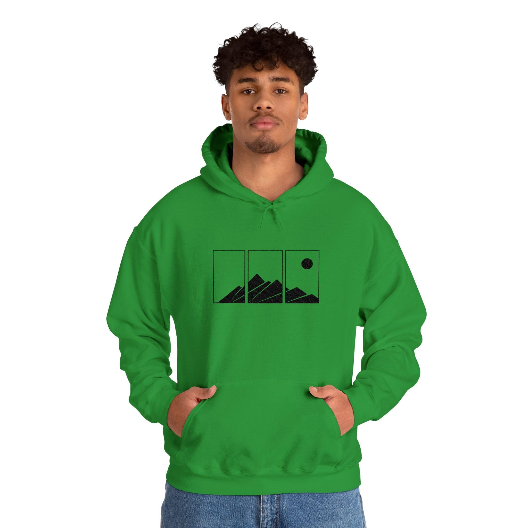 Mountain Triptych Hoodie — Minimalist Scenic Graphic Pullover Embroidered