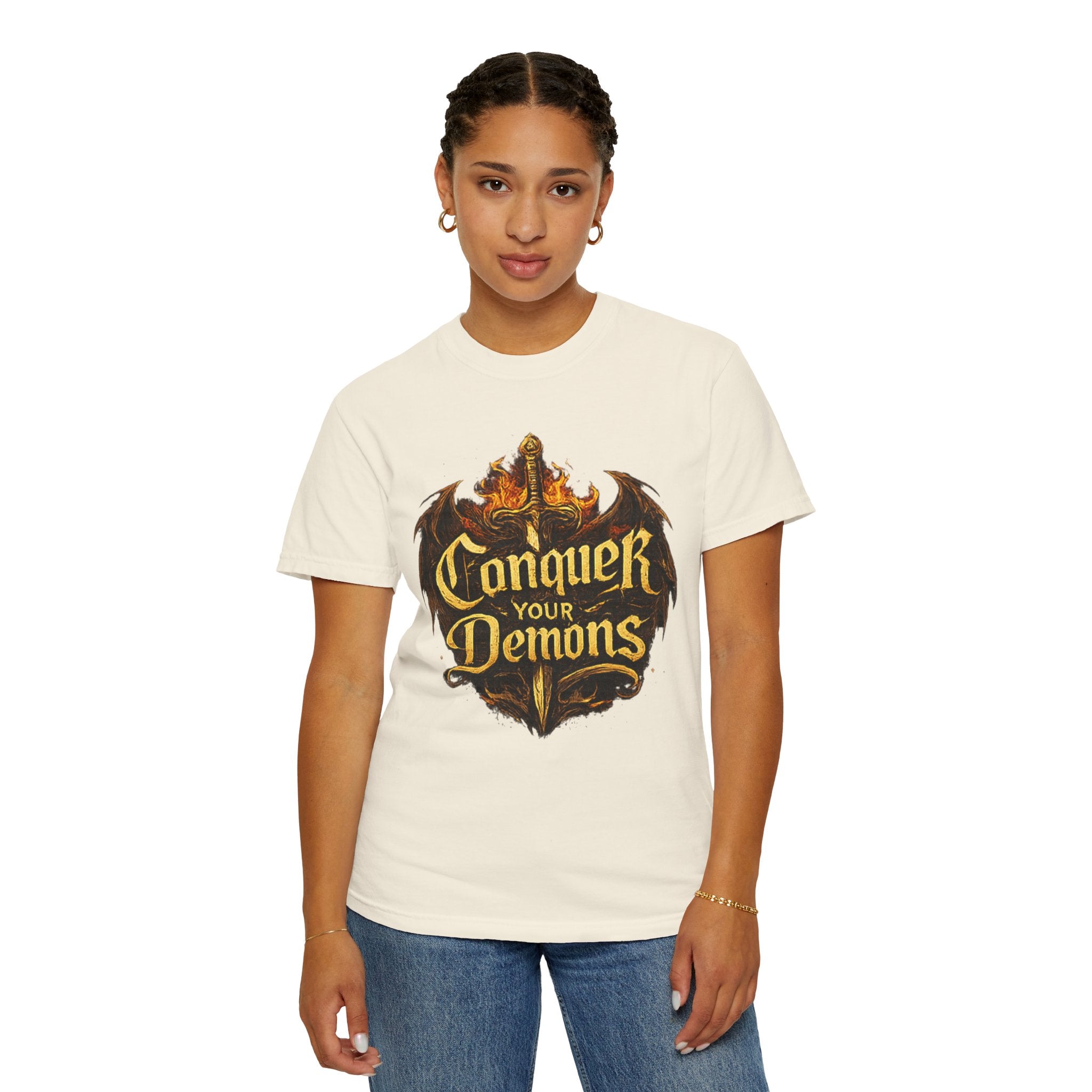 Conquer Your Demons T-Shirt — Gothic Sword & Flames Motivational Tee