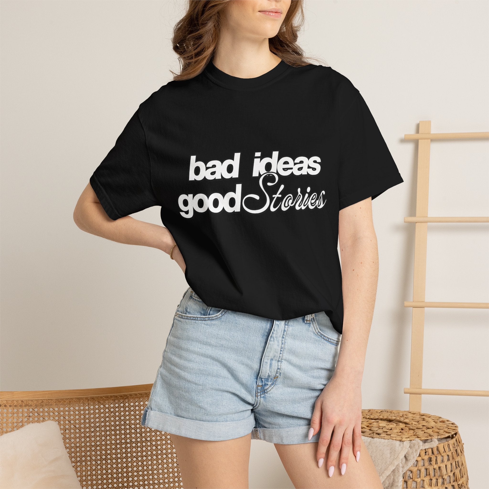 T-Shirt — “bad ideas good stories” Retro Script Tee