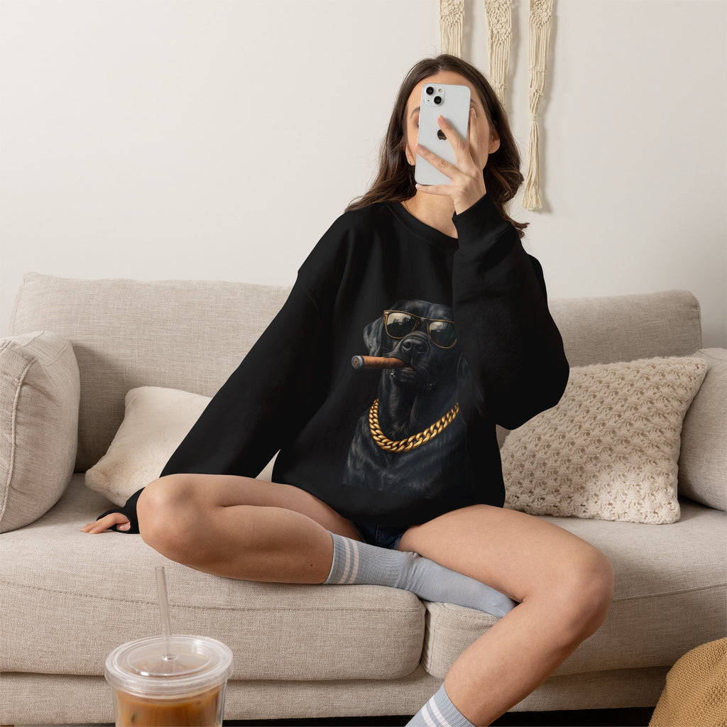 Cool Black Lab Crewneck Sweatshirt — Dog with Cigar & Gold Chain Graphic