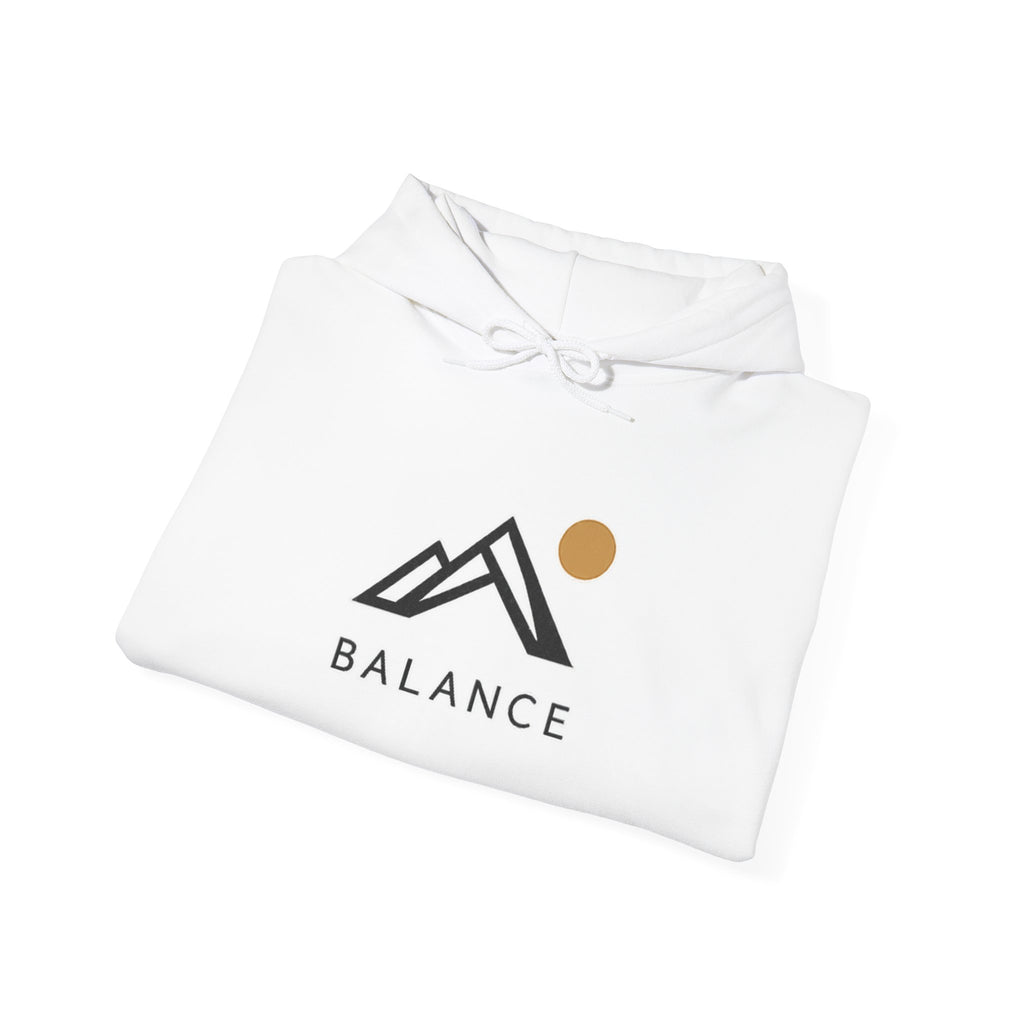 Balance Mountain Hoodie — Minimalist Sunrise Graphic Hooded Sweatshirt