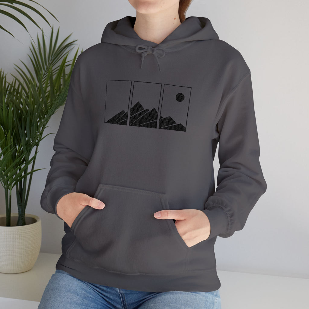 Mountain Triptych Hoodie — Minimalist Scenic Graphic Pullover Embroidered