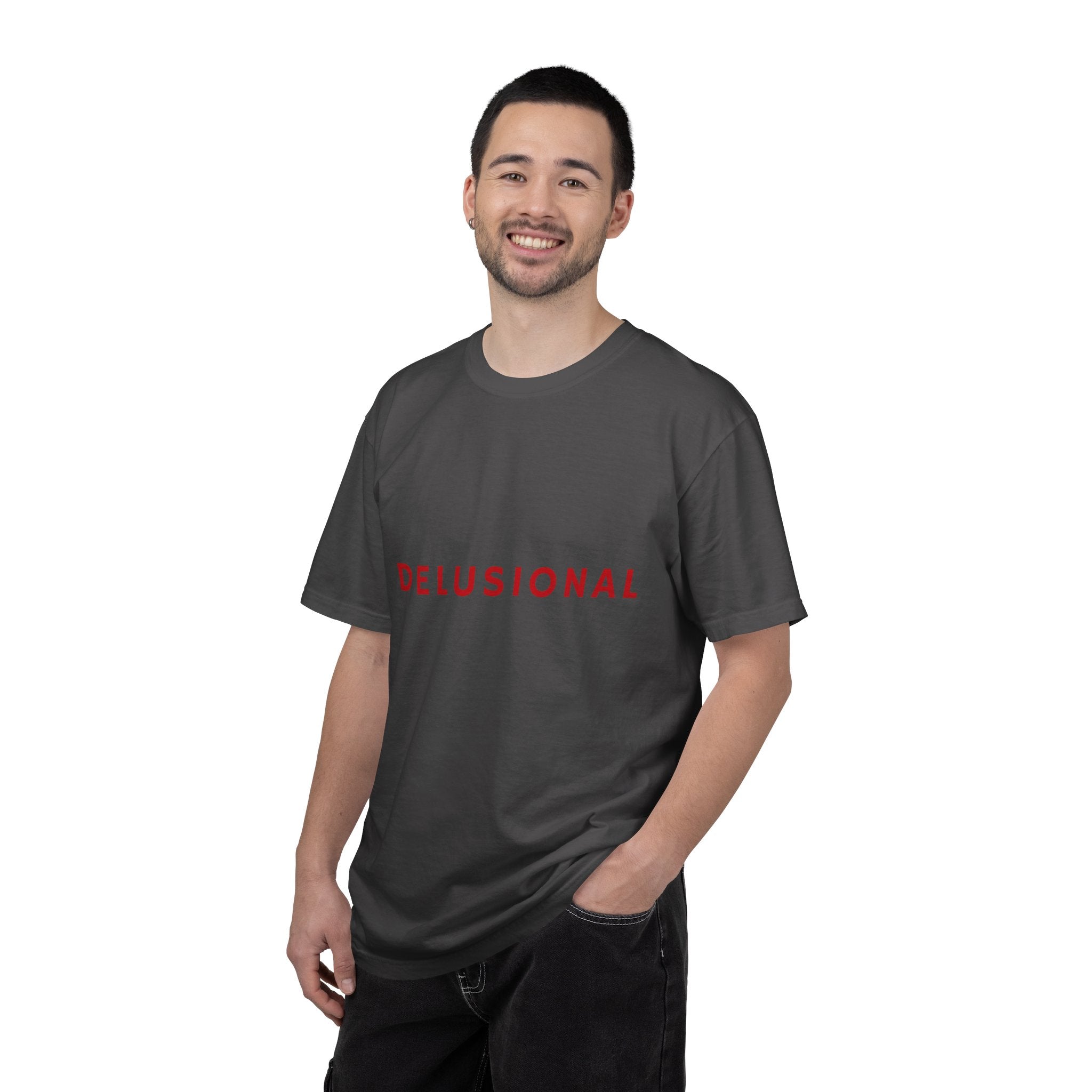 Delusional Graphic T-Shirt — Minimalist Red Text Tee