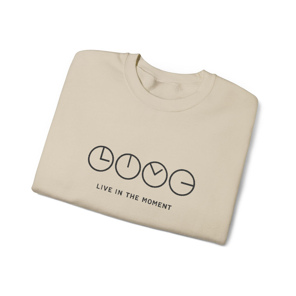 Live In The Moment Crewneck Sweatshirt — Minimal Clock Graphic Embroidered