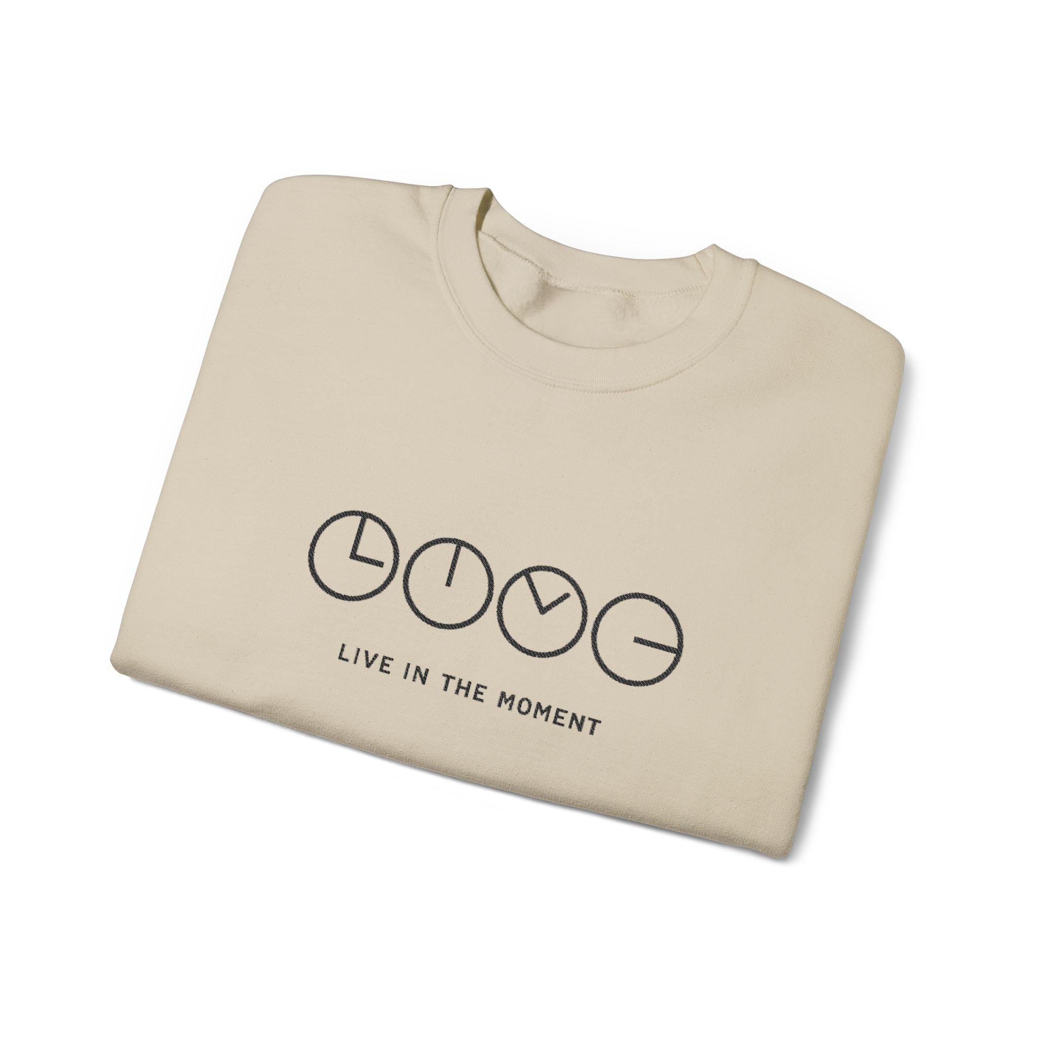 Live In The Moment Crewneck Sweatshirt — Minimal Clock Graphic Embroidered
