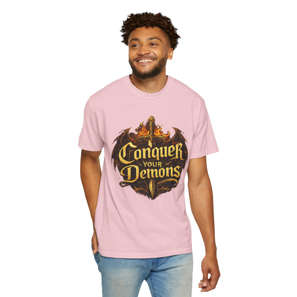 Conquer Your Demons T-Shirt — Gothic Sword & Flames Motivational Tee