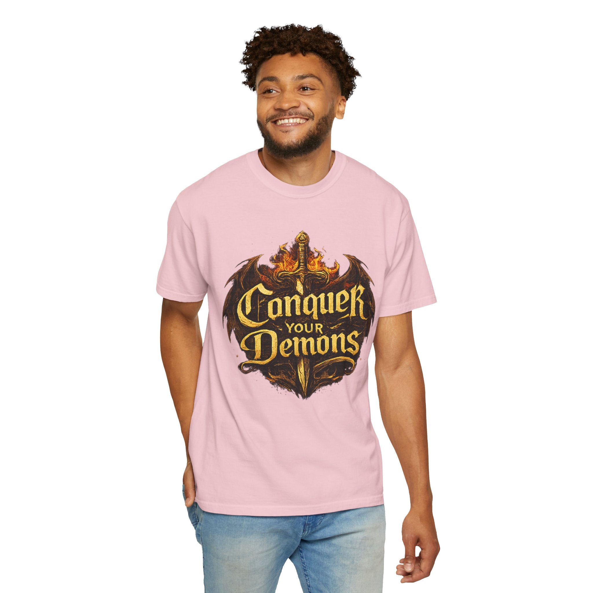 Conquer Your Demons T-Shirt — Gothic Sword & Flames Motivational Tee