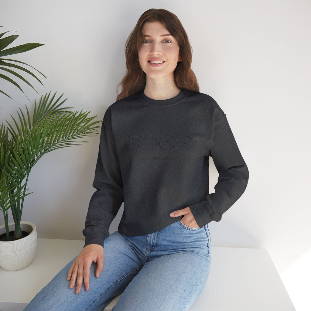 Live In The Moment Crewneck Sweatshirt — Minimal Clock Graphic Embroidered