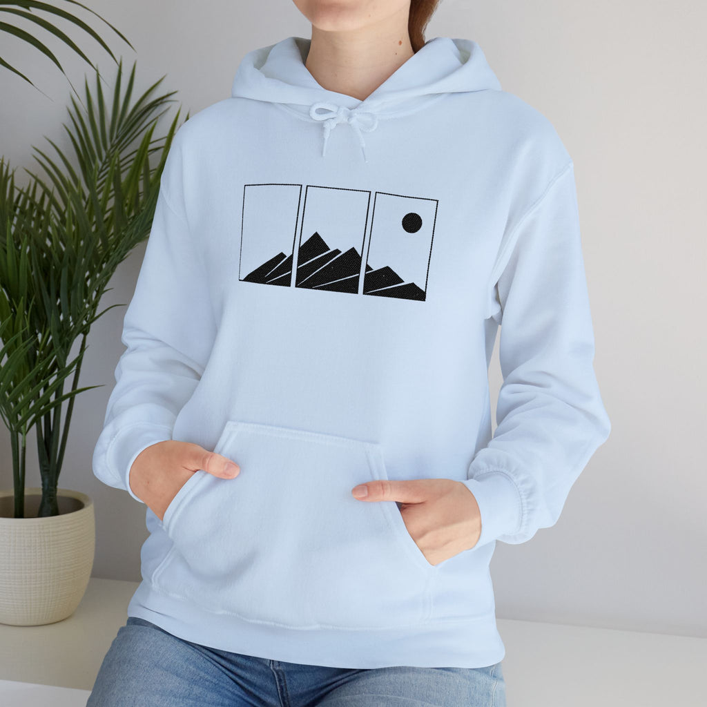 Mountain Triptych Hoodie — Minimalist Scenic Graphic Pullover Embroidered