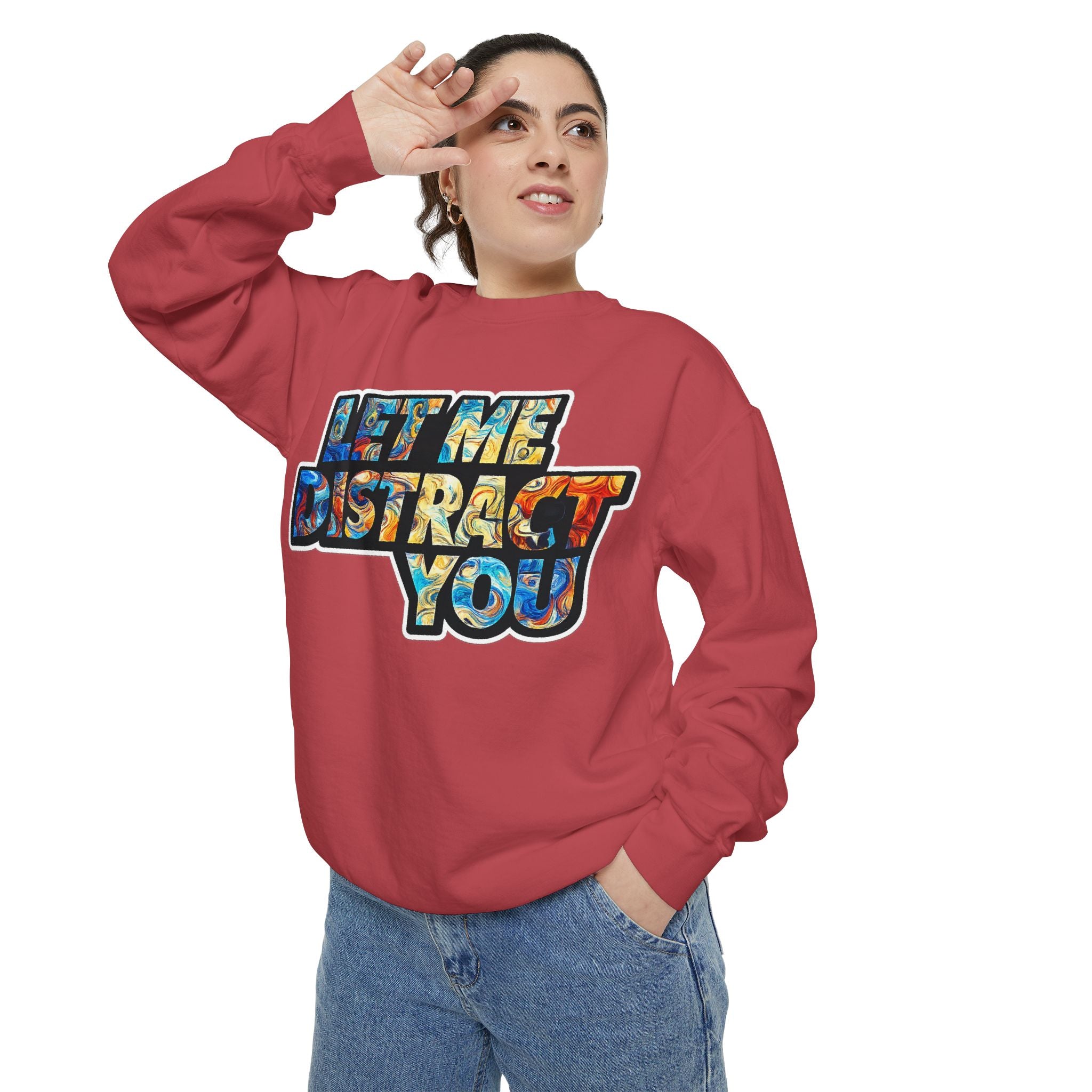 Let Me Distract You Sweatshirt — Colorful Retro Graphic Crewneck