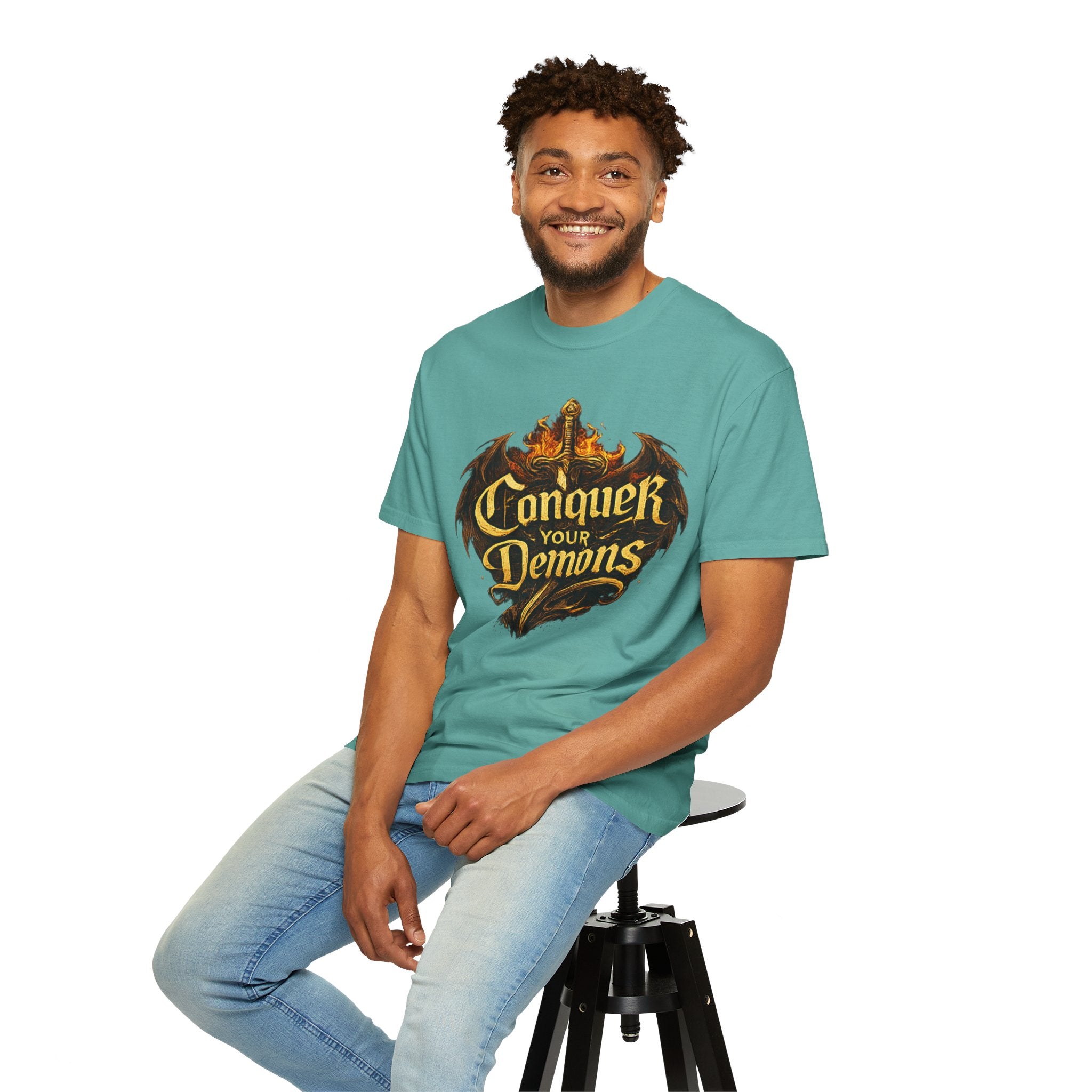 Conquer Your Demons T-Shirt — Gothic Sword & Flames Motivational Tee