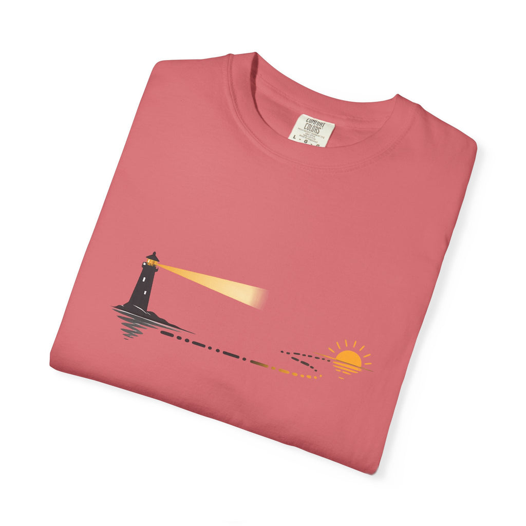 Lighthouse Sunset T-Shirt — Nautical Coastal Tee with Beacon Graphic