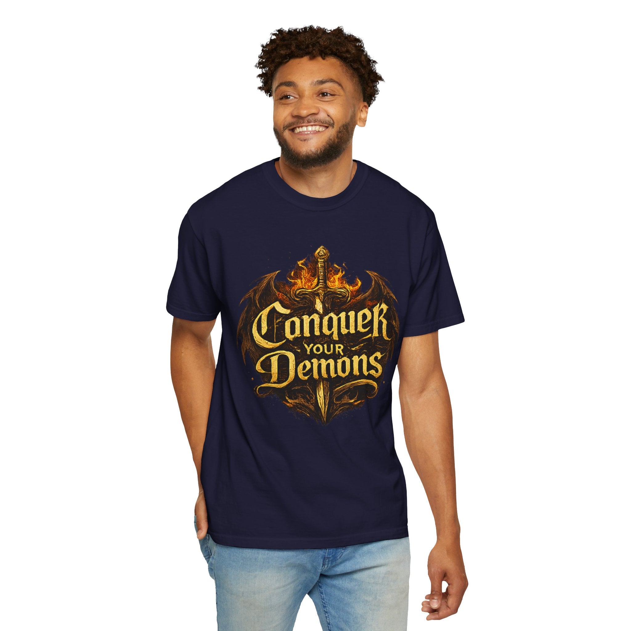 Conquer Your Demons T-Shirt — Gothic Sword & Flames Motivational Tee