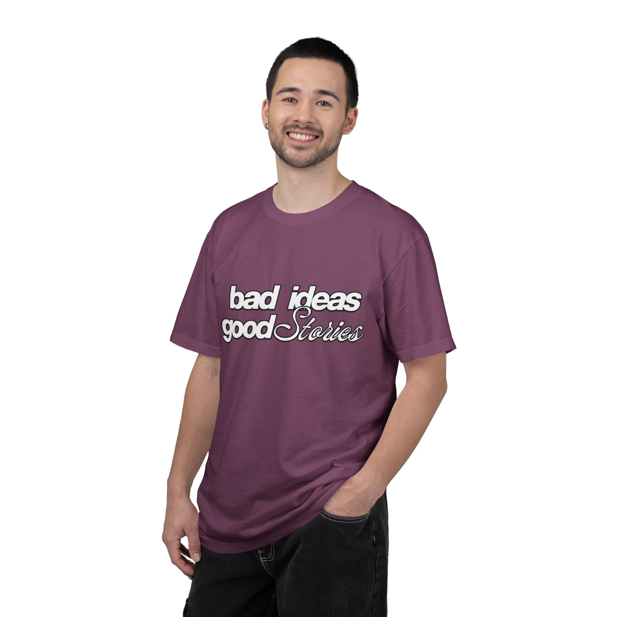T-Shirt — “bad ideas good stories” Retro Script Tee