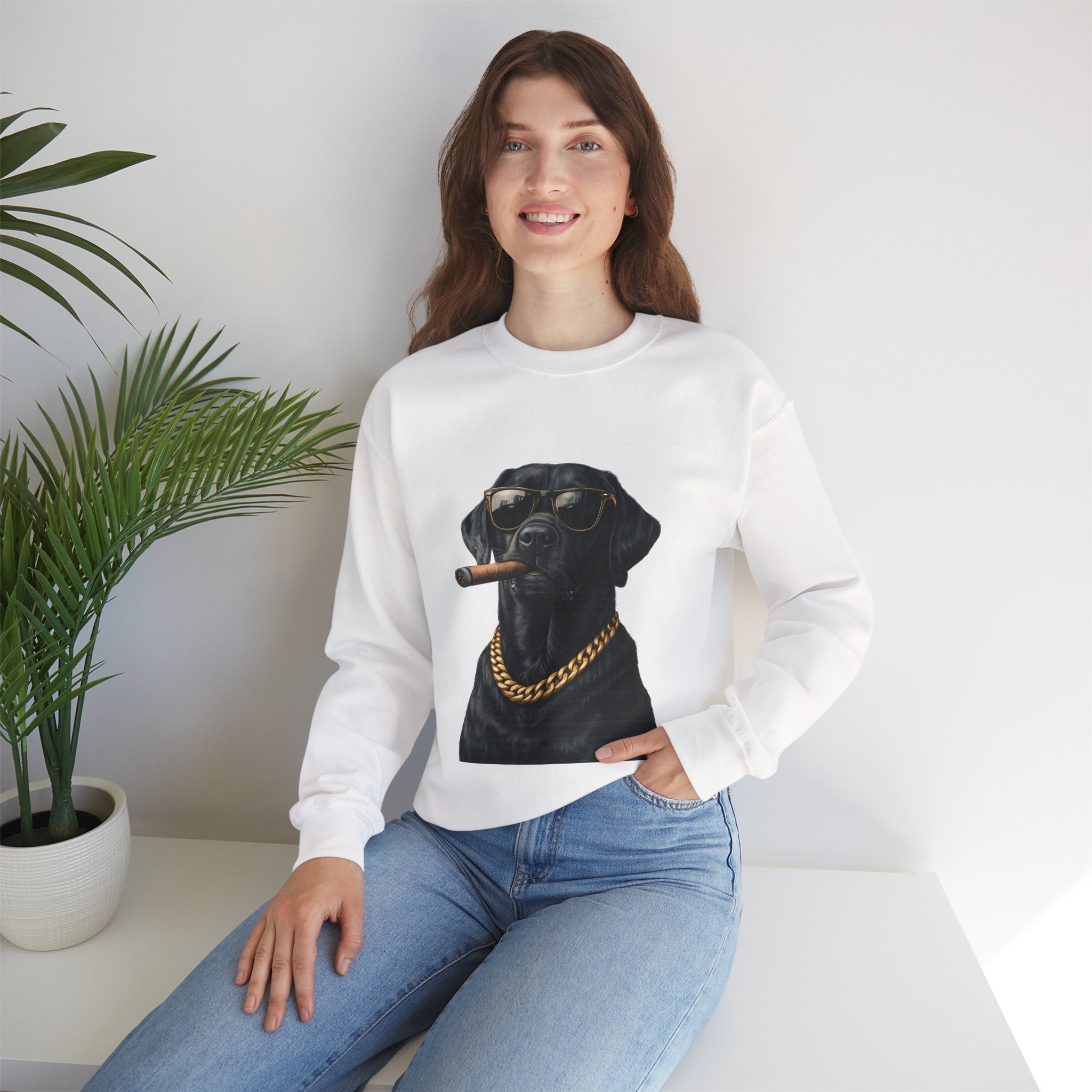 Cool Black Lab Crewneck Sweatshirt — Dog with Cigar & Gold Chain Graphic
