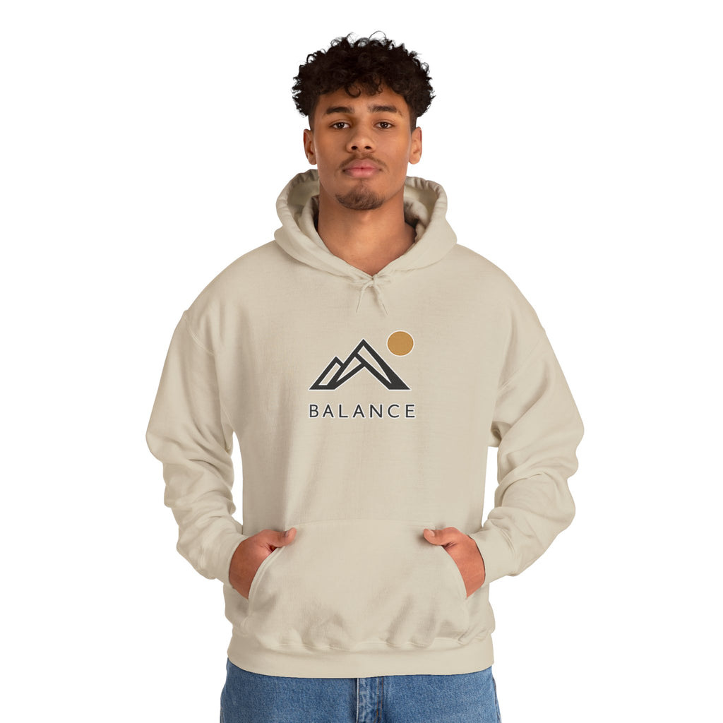 Balance Mountain Hoodie — Minimalist Sunrise Graphic Hooded Sweatshirt