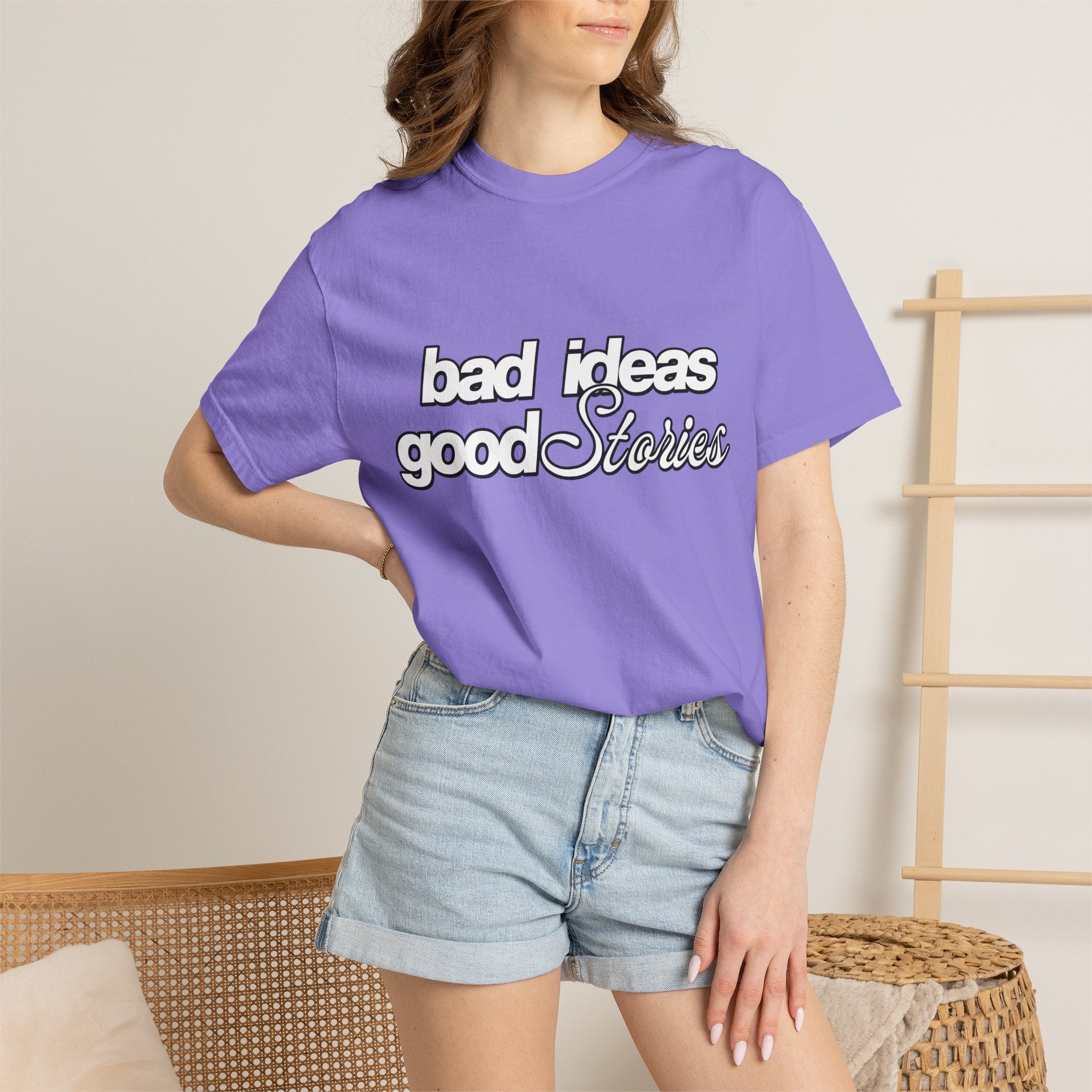 T-Shirt — “bad ideas good stories” Retro Script Tee