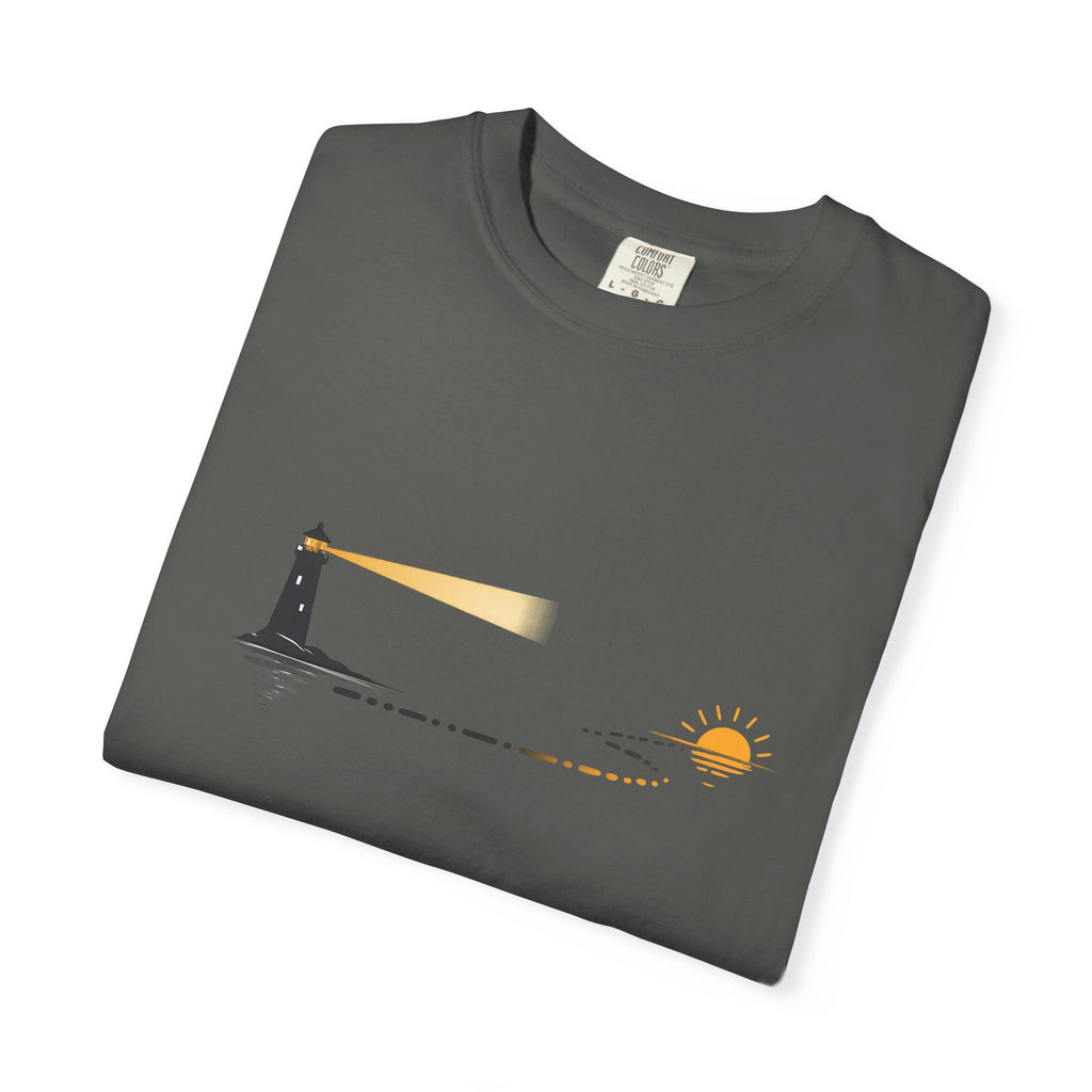 Lighthouse Sunset T-Shirt — Nautical Coastal Tee with Beacon Graphic