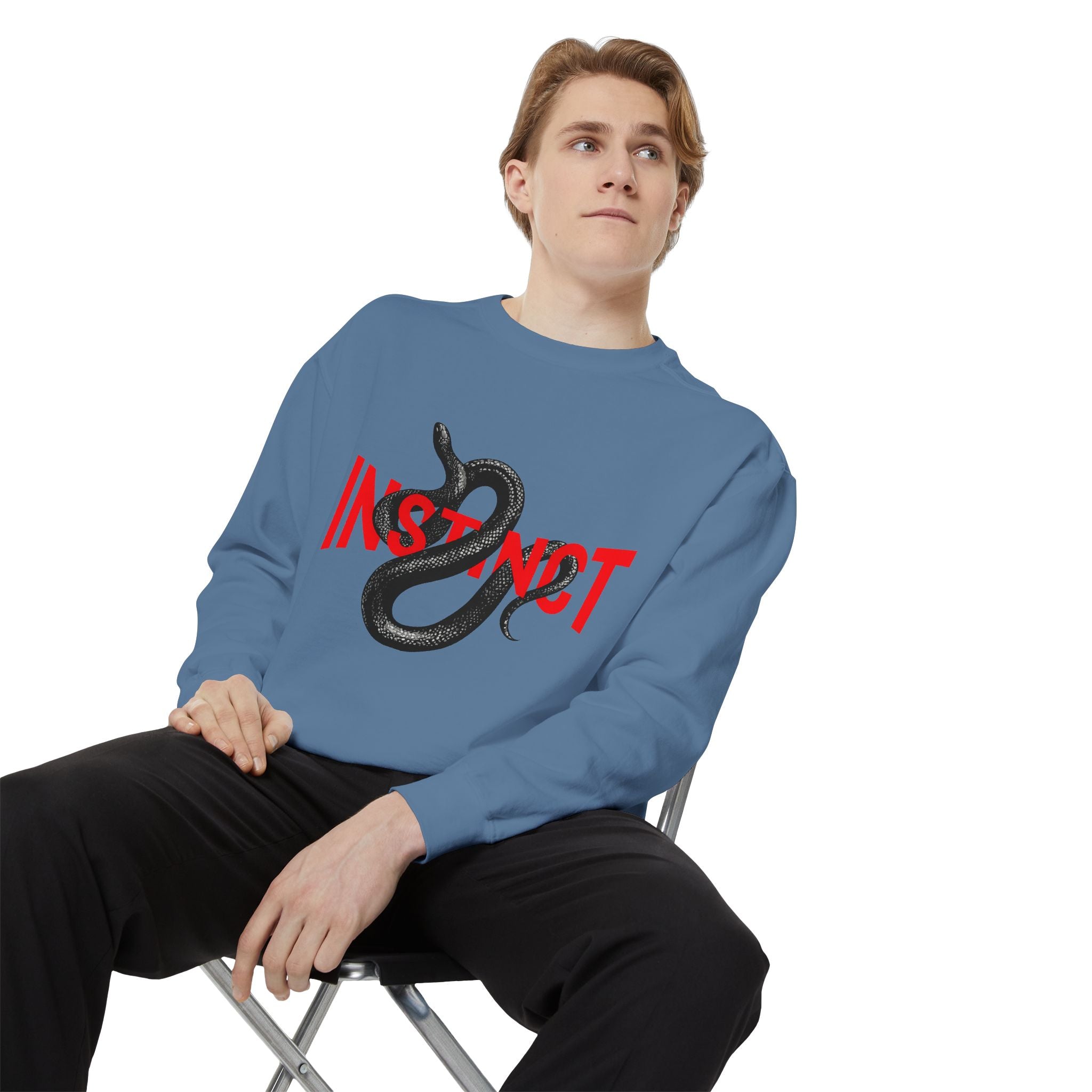 Instinct Snake Sweatshirt — Graphic Crewneck with Bold Red Text