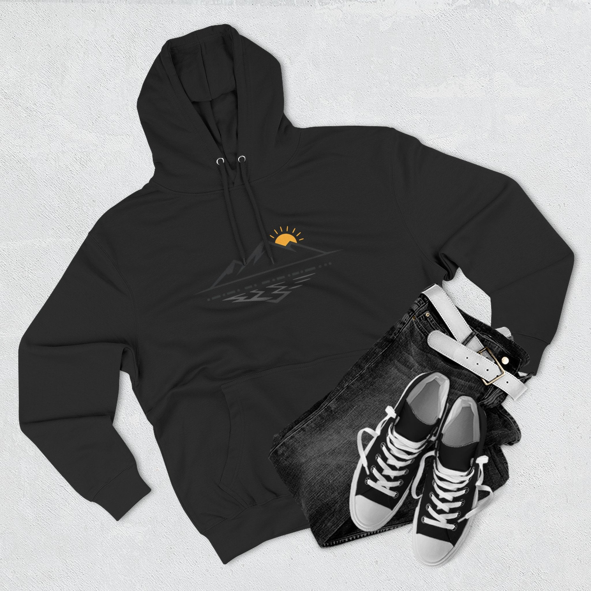 Mountain Sunrise Hoodie — Minimal Outdoor Graphic Pullover