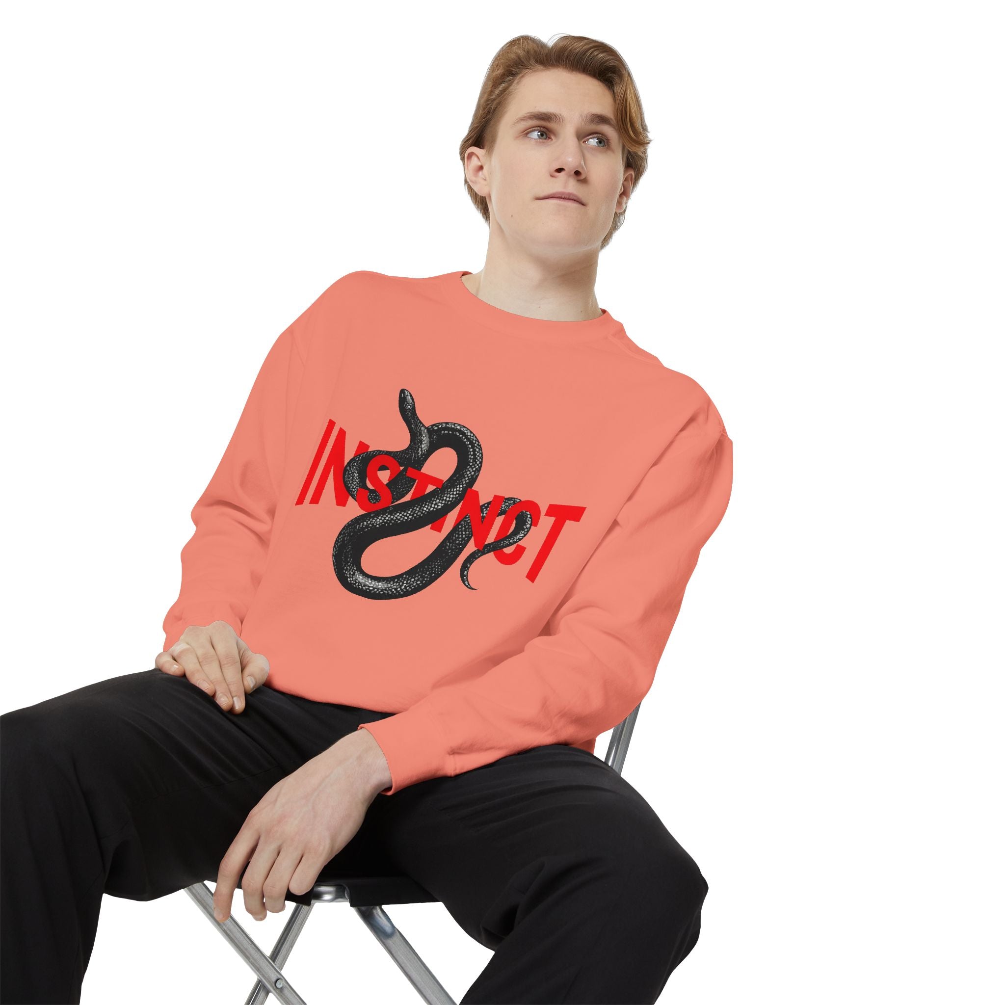 Instinct Snake Sweatshirt — Graphic Crewneck with Bold Red Text