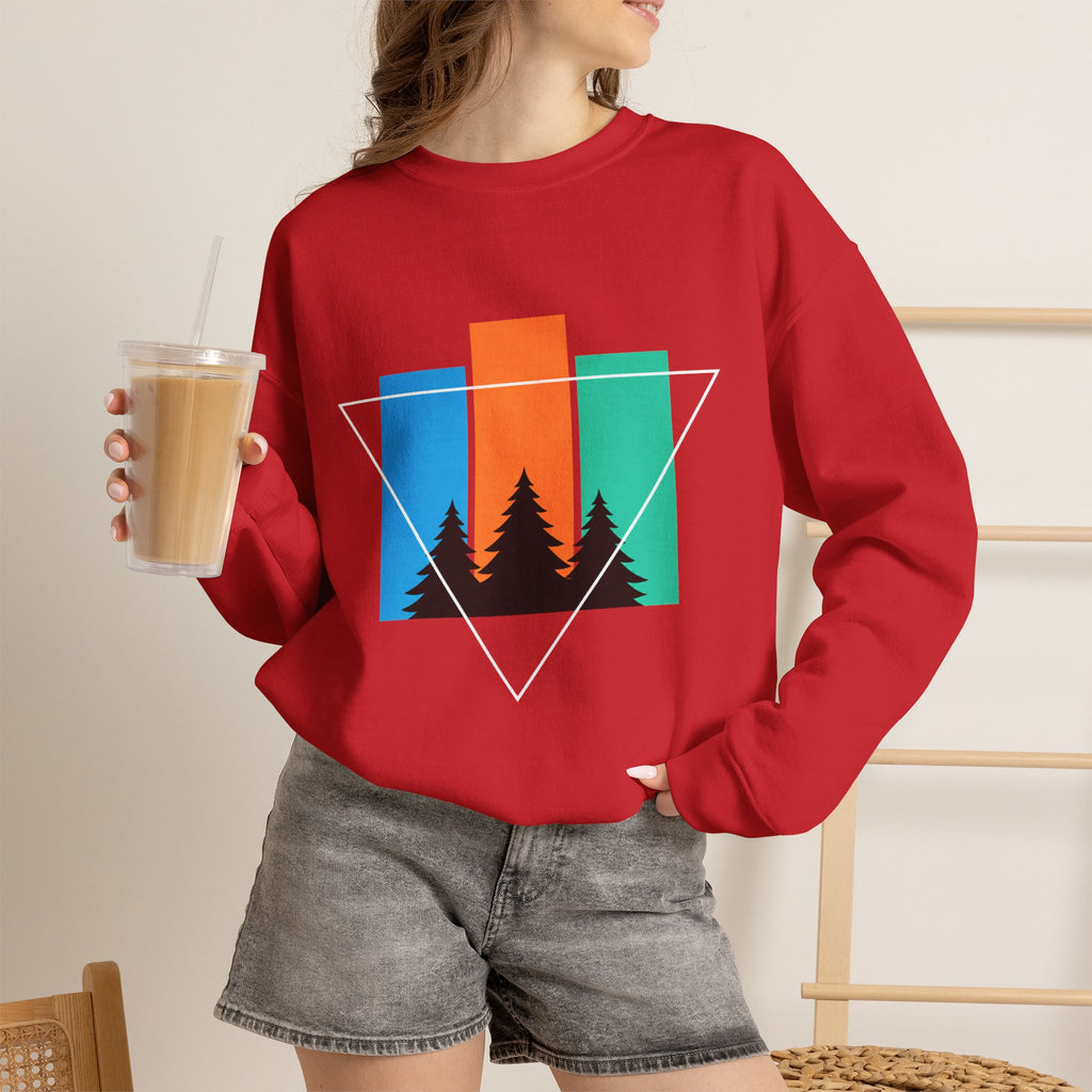 Retro Forest Crewneck Sweatshirt — Colorblock Trees Graphic