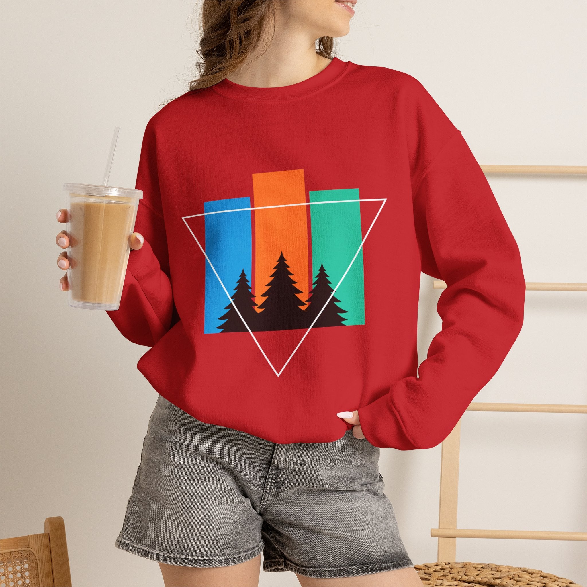 Retro Forest Crewneck Sweatshirt — Colorblock Trees Graphic