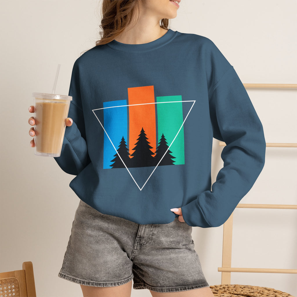 Retro Forest Crewneck Sweatshirt — Colorblock Trees Graphic