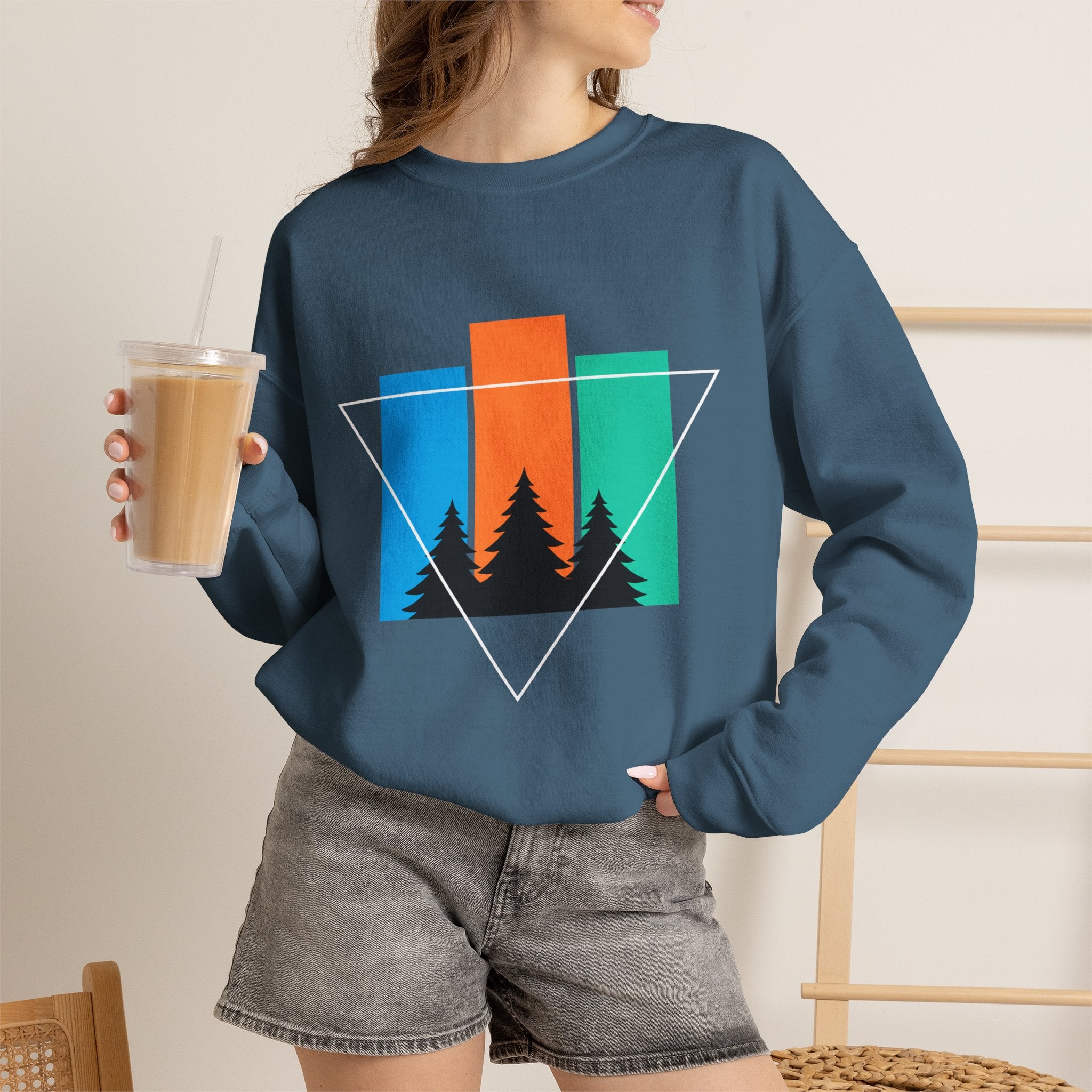 Retro Forest Crewneck Sweatshirt — Colorblock Trees Graphic