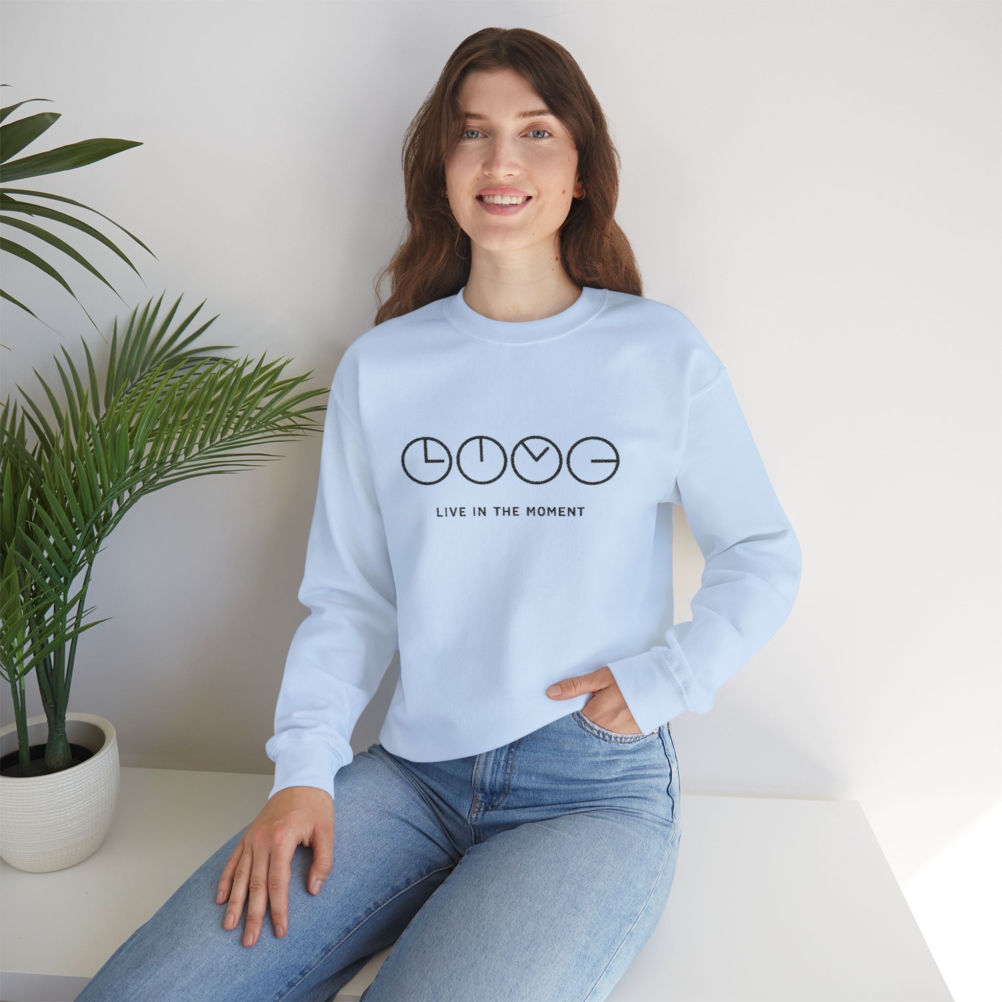 Live In The Moment Crewneck Sweatshirt — Minimal Clock Graphic Embroidered