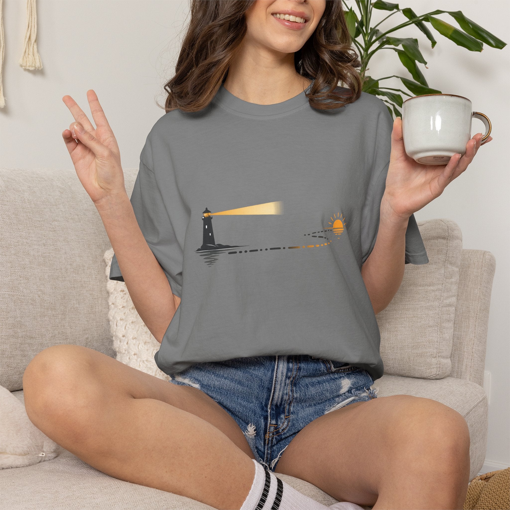 Lighthouse Sunset T-Shirt — Nautical Coastal Tee with Beacon Graphic