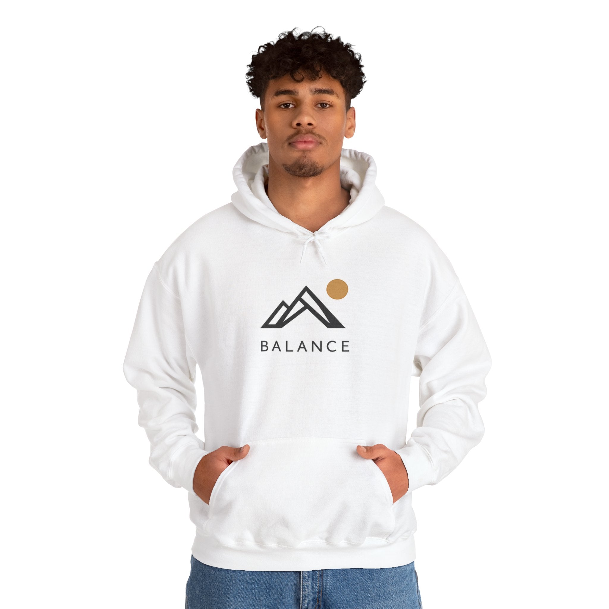 Balance Mountain Hoodie — Minimalist Sunrise Graphic Hooded Sweatshirt