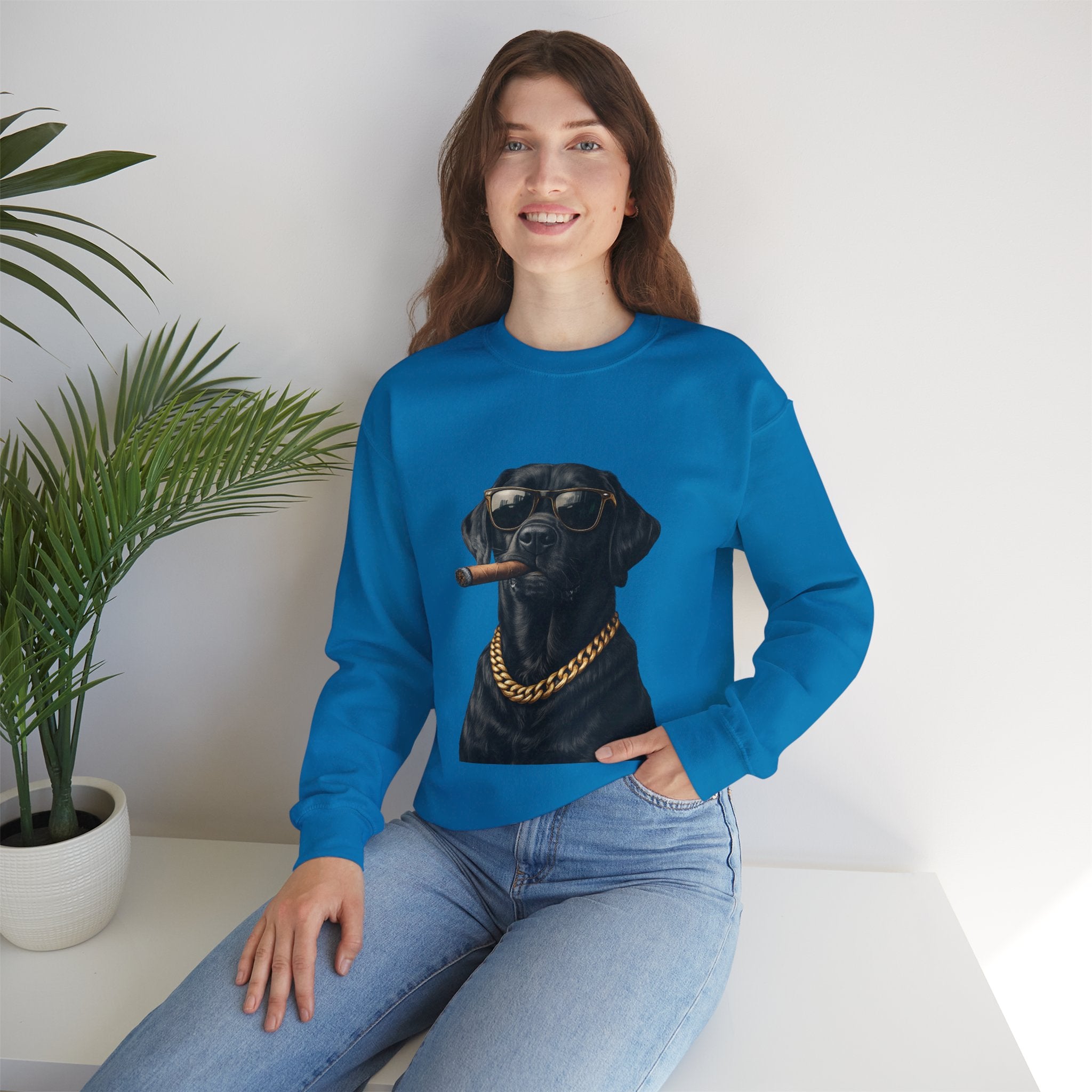 Cool Black Lab Crewneck Sweatshirt — Dog with Cigar & Gold Chain Graphic