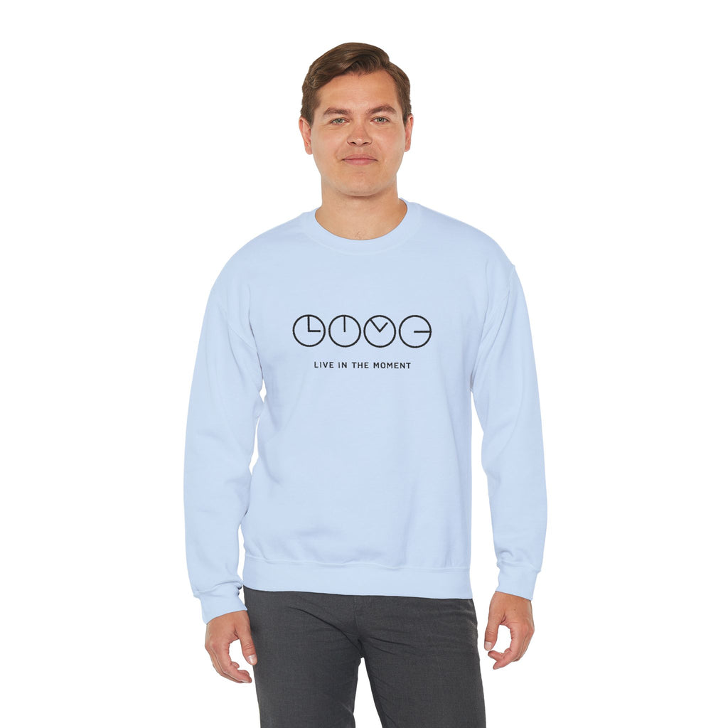 Live In The Moment Crewneck Sweatshirt — Minimal Clock Graphic Embroidered