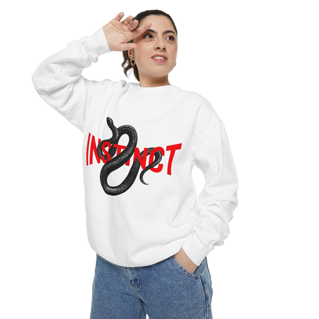 Instinct Snake Sweatshirt — Graphic Crewneck with Bold Red Text